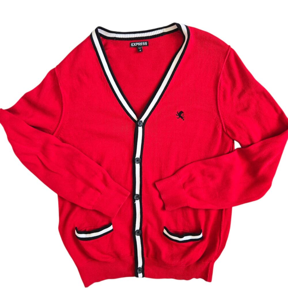 Express 2010s Men Cardigan Tennis Preppy Country Club Academia Red Lion Medium